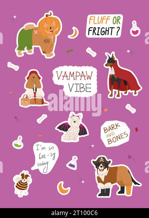 Stickerset mit niedlichen Hunden in verschiedenen Halloween-Kostümen. Happy Halloween Vektor Illustration. Handgezeichneter lustiger Schriftzug Stock Vektor