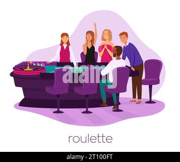 Die Leute spielen Roulette. Casino, Spielhaus flache Vektor-Illustration. Fröhliche Männer und glückliche Frau in Kleidern. Inneneinrichtung des Kasinos. Glücksspiel Stock Vektor