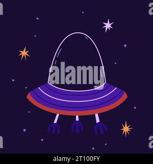Alien-Schiff auf dem Hintergrund der Sternenhimmel-Vektor-Illustration. Lustiges UFO im flachen Stil. Ideal für Aufkleber Stock Vektor