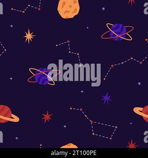 Kosmisches nahtloses Muster mit Sternbildern und Planeten. Vektorabbildung. Stern, Mond und Sternbilder. Internationaler Tag des menschlichen Weltraums Flug A Stock Vektor