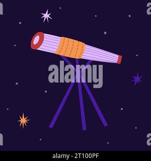 Teleskop auf dem Hintergrund der Sternenhimmel-Vektorillustration in flacher Form. Astronomie und Bildung. Internationaler Tag des menschlichen Raumflugs und Stock Vektor