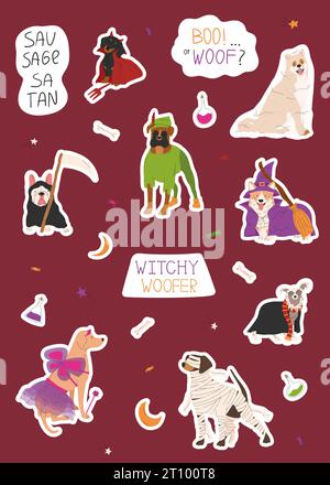 Stickerset mit niedlichen Hunden in verschiedenen Halloween-Kostümen. Happy Halloween Vektor Illustration. Hexe, Teufel, Fee und Mumie. Handgezeichnetes lustiges Blatt Stock Vektor