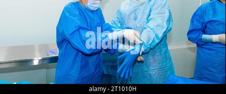Eine chirurgische Krankenschwester legt dem Chirurgen vor der Operation sterile Handschuhe auf die Hände. Sie sind in blauen sterilen Einweg-OP-Kitteln gekleidet. Der Assistent hilft dem Chirurgen, Handschuhe anzuziehen. Stockfoto