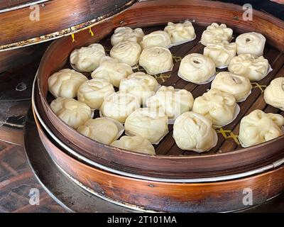 Bakpao, Baozi gedämpftes Brötchen, Pao, Dim Sum in einem Bambusdampfer. Eine Art Hefe-gesäuertes Brötchen in verschiedenen chinesischen Küchen. Stockfoto