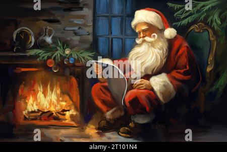 Der Weihnachtsmann sitzt in einem Sessel und liest einen Brief am Kamin, Weihnachtsgrußkarte, Kunstillustration gemalt. Stockfoto