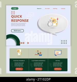 Vorlage für flache Landing-Page-Website mit schneller Reaktion. Positives Feedback, Kundenerfahrung, Bewertung. Webbanner mit Kopf-, Inhalt- und Fußzeile. Vektor Stock Vektor