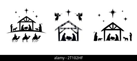 Set mit heiliger Weihnachtsszene, christliche Krippe Silhouetten. Joseph, Maria und Jesus in der Krippe. Die Geburt Christi, Heilige Nacht Vektor-Illustration Stock Vektor