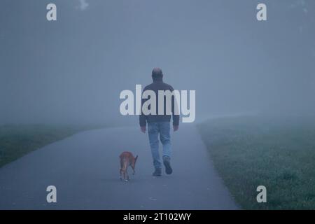 Herbst im Siegerland. Am fruehen frühen Morgen liegt dichter Nebel ueber der Landschaft wie hier in Siegen-Oberschelden. Ein Mann geht mit seinem Hund im Nebel spazieren. Herbst im Siegerland am 10.10.2023 in Siegen/Deutschland. *** Herbst im Siegerland am frühen Morgen liegt dicker Nebel über der Landschaft, da hier in Siegen Oberschelden Ein Mann mit seinem Hund im Nebel spaziert Herbst im Siegerland am 10 10 2023 in Siegen Deutschland Credit: Imago/Alamy Live News Stockfoto