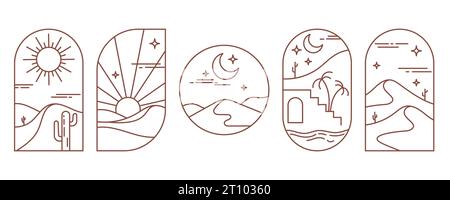 Wüstenlogo mit Kakteen und Bergen. Böhmische Landschaft mit Sonne und Mond. Die minimale Illustration mit dem Sandtal umreißen. Gruppe des abstrakten Vektors Stock Vektor