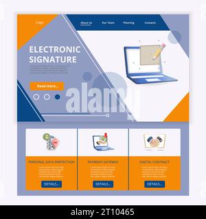 Vorlage für flache Landing-Page-Website mit elektronischer Signatur. Schutz personenbezogener Daten, Zahlungsgateway, digitaler Vertrag. Webbanner mit Kopfzeile, Inhalt Stock Vektor