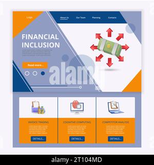 Vorlage für flache Landing-Page-Website für finanzielle Inklusion. Rechnungshandel, kognitives Computing, Wettbewerbsanalyse. Webbanner mit Kopfzeile, Inhalt und Stock Vektor
