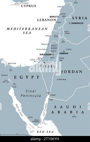 Israel und Sinai Halbinsel, graue politische Karte. Die südliche Levante umfasst Israel, Palästina, Jordanien, Libanon, Südsyrien und der Sinai. Stockfoto