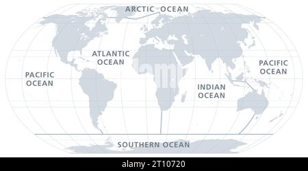 Die fünf Ozeane der Welt, graue Karte. Modell der ozeanischen Teilung mit annähernden Grenzen. Pazifik, Atlantik, Indisch, Arktis und Süd. Stockfoto