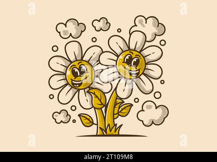 Vintage Maskottchen Figur Illustration einer Blumen mit glücklichem Gesicht Stock Vektor