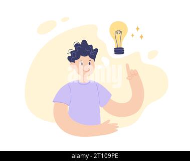 Neue Idee Glühbirnenkonzept. Junger positiver Mann mit Lampe über dem Kopf. Vektorillustration in einfachem Stil Stock Vektor