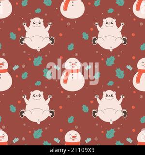 Muster nahtlose süße polarweiße Eisbär und Schneemann, Winter, weihnachten. Vektorabbildung Stock Vektor