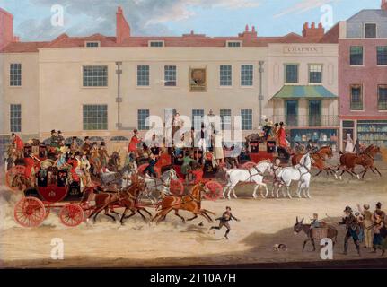 North Country Postsendungen im Peacock (Inn), Islington (London), Postkutschengemälde in Öl auf Leinwand von James Pollard, 1821 Stockfoto