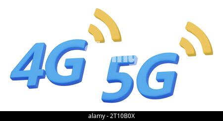 3D-Rendering von 4g- und 5g-Symbolen für das Design mobiler Apps. Schilder für das Internet. Realistisches Cyberspace-Konzept Smartphone-Netzwerksymbole. 3D-Vektor-Illustrationen Stock Vektor