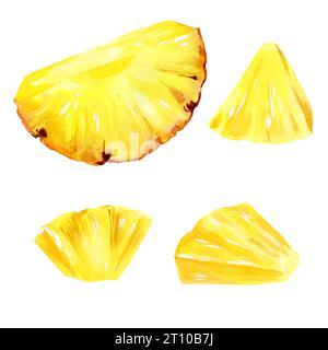 Aquarell handgezeichnete Illustration von Ananasscheiben, reife dreieckige Stücke von Ananas, Skizze von tropischen Früchten, Nahrungsmittelillustration isoliert auf Stockfoto