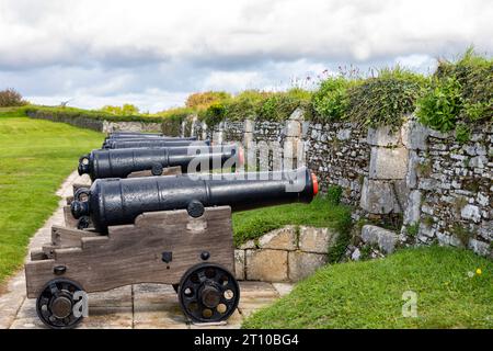 Falmouth, erbaut von Henry V111, um Angriffe auf See abzuwehren, in Cornwall, England, Großbritannien, nahm 2023 sonnige Tageskanonen auf Stockfoto