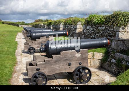 Falmouth, erbaut von Henry V111, um Angriffe auf See abzuwehren, in Cornwall, England, Großbritannien, nahm 2023 sonnige Tageskanonen auf Stockfoto