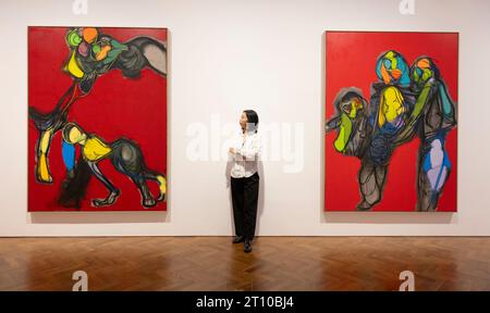 Thaddaeus Ropac, London, Großbritannien. Oktober 2023. Stupor: Eine neue Ausstellung mit Werken des deutschen Künstlers Daniel Richter läuft vom 10. Oktober bis 1. Dezember. In der Einzelausstellung im Londoner Thaddaeus Ropac präsentiert er eine Gruppe von Gemälden, die biomorphe Formen in einer Reihe von verdrehten, metamorphen Posen darstellen. Quelle: Malcolm Park/Alamy Live News Stockfoto