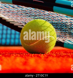 Aus nächster Nähe sehen Sie einen leuchtenden gelben Tennisball auf einem orangefarbenen Platz, der von einem Tennisschläger abgeschirmt wird, mit einer Netzkulisse. Dynamisch und Stockfoto