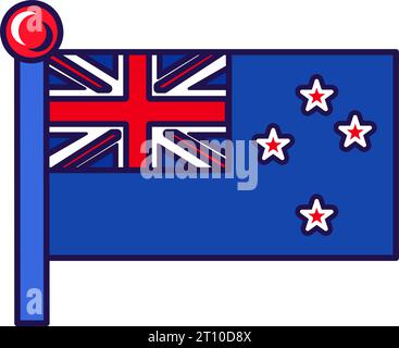 neuseeländische Landesflagge auf Fahnenmast-Vektor. Blaues Fähnchen mit union Jack und roten Sternen mit weißen Umrandungen, die das Südkreuz darstellen. O Stock Vektor