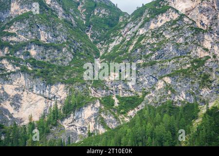 Kleiner Wasserfall in der Nähe des Pragser Sees in den Dolomiten bei bewölktem Tag, Italien. Stockfoto