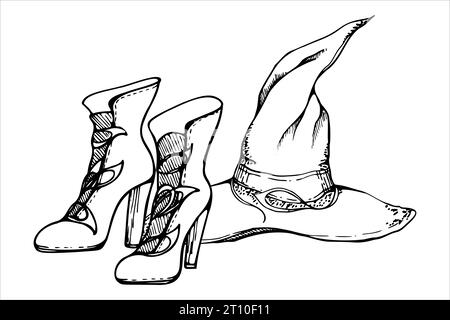 Hand gezeichnete Tinte Vektor Hexe Magier Spitze Hut mit High Heel Frauen Stiefel. Illustrationskunst für Halloween, Party, Hexerei. Isolierte Zusammensetzung Stock Vektor