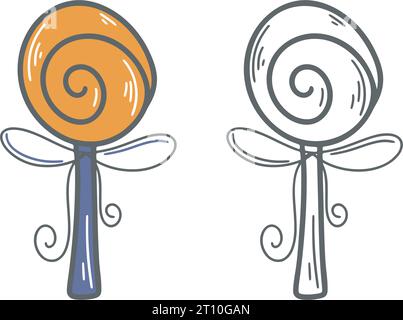 Lutscher-Tinte und Farbkritzelstil. Süßigkeiten Whirlpool Clip Art. Einfache handgezeichnete süße Leckerei, isolierte Vektor-Illustration Stock Vektor