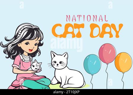 Nationales Cat Day-Banner, kleines Mädchen, das mit niedlicher Katze und Ballons spielt. Glückliche Tiere Freundschaft zwischen Mensch und Katze. Haustiere und Haustiere Stock Vektor