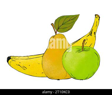 Frisches Obst. Banane mit gelber Birne und grünem Apfel. Handgezeichnete Abbildung, isoliert. Stockfoto