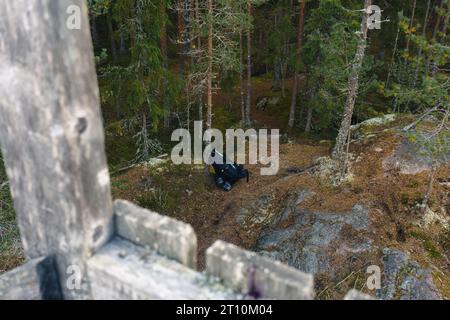 Wanderrucksack auf Kiefern, von der Spitze des hölzernen Aussichtsturms aus gesehen, Finnland. Stockfoto