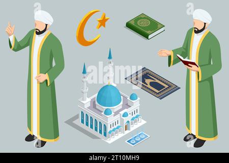 Isometrischer Imam, islamisches Buch Koran Mondsichel und Stern, Moschee, Islam, Religion. Islamisches Symbol. Islamische Symbole können für den Monat Ramadan verwendet werden Stock Vektor