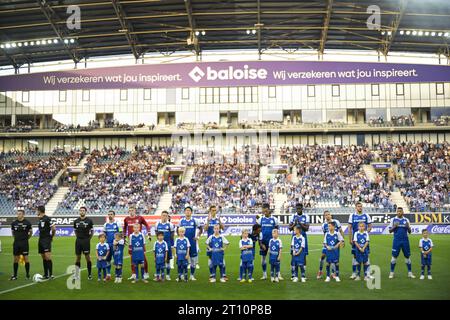 Gent, Belgien. Oktober 2023. Die Abbildung zeigt den Beginn eines Fußballspiels zwischen KAA Gent und KRC Genk am Sonntag, den 08. Oktober 2023 in Gent, am 10. Tag der Saison 2023-2024 der ersten Liga der „Jupiler Pro League“ der belgischen Meisterschaft. BELGA FOTO LAURIE DIEFFEMBACQ Credit: Belga News Agency/Alamy Live News Stockfoto