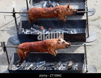 Berlin, Deutschland. August 2023. Zwei Saugschweine rotieren auf einer Spucke über einem brennenden Grill. Quelle: Soeren Stache/dpa/Alamy Live News Stockfoto