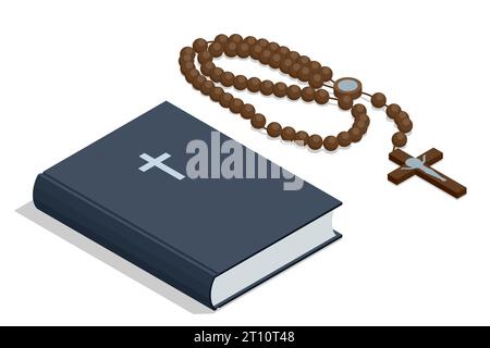 Isometrisches Lesen christlicher Literatur und Rosenkranz. Religion und ihre Vertreter. Stock Vektor