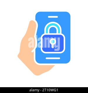 Symbol für die Leitung des Smartphones mit der Hand. Gadget, soziales Netzwerk, Anwendungen, Internet, Technologie. Vektorfarbsymbol auf weißem Hintergrund für Busi Stock Vektor