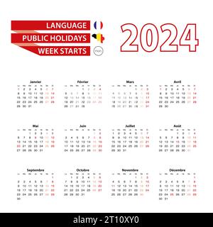 Kalender 2024 in französischer Sprache mit Feiertagen das Land Belgien im Jahr 2024. Die Woche beginnt am Montag. Vektorabbildung. Stock Vektor