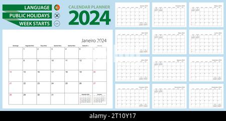 Portugiesischer Kalender-Planer für 2024. Portugiesisch, Woche beginnt am Sonntag. Vektorvorlage. Stock Vektor