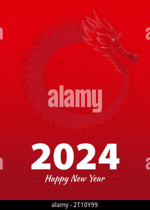 2024 Grußkarte mit dem Kopf des roten Drachen. Jahr 2024. Stock Vektor