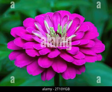 Sehr hübsches rosafarbenes Zinnia an einem Sommernachmittag in einem Garten im Hinterhof in St. Croix Falls, Wisconsin, USA. Stockfoto