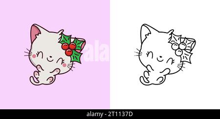 Legen Sie Clipart Weihnachtsgemälde und farbige Illustration fest. Kawaii Xmas Kitty. Stock Vektor