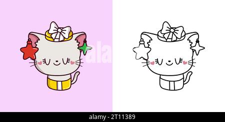 Kawaii Clipart Weihnachten Weiße Katze Illustration und für Ausmalseite. Lustiger Kawaii Xmas Kitten. Stock Vektor