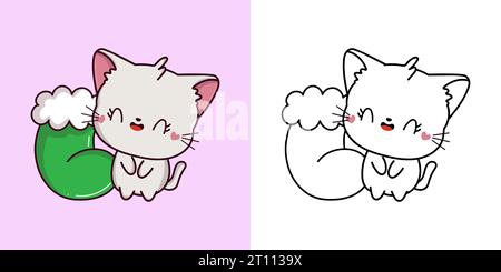 Kawaii Clipart Weihnachten Weiße Katze Illustration und für Ausmalseite. Lustiger Kawaii Xmas Kitten. Stock Vektor