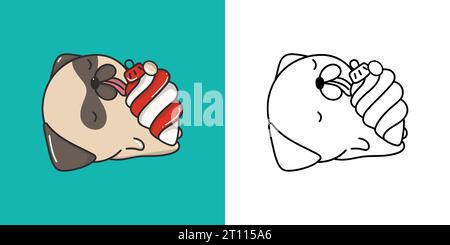 Niedliche Weihnachts-Mops-Hund-Illustration und für Ausmalseite. Cartoon Aufkleber Neujahr Hund. Stock Vektor