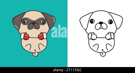 Netter Vektor Xmas Mops Hund Clipart für Färbung Seite und Illustration. Happy Clip Art Christmas Hündchen Stock Vektor