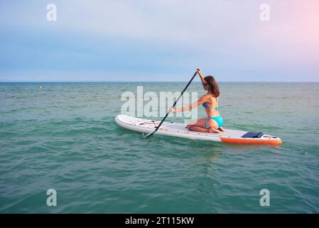 Frau in blauem Bikini sitzt auf einem Sup Board mit einem Paddel im Meer gegen den sonnigen Tag Stockfoto