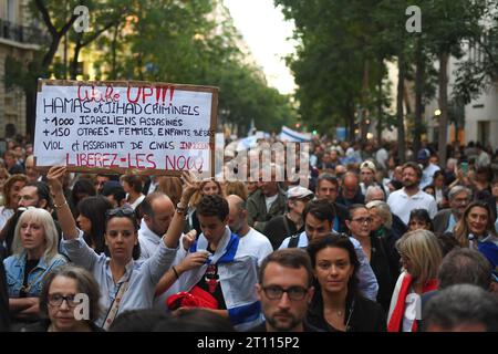 Frankreich. Oktober 2023. Kundgebungen zur Unterstützung des israelischen Volkes nach einem Appell des Repräsentanten Rates jüdischer Institutionen Frankreichs (CRIF) zwischen Place Victor Hugo und Place du Trocadero in Paris, Frankreich am 9. Oktober 2023. (Pgoto by Lionel Urman/SIPA USA) Credit: SIPA USA/Alamy Live News Stockfoto